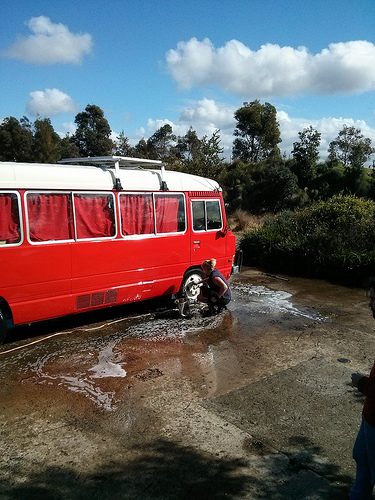 Red bus washed