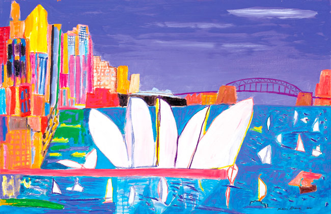 "Sydney harbour, turquoise sea, black line, 2001" by Ken Done. 
