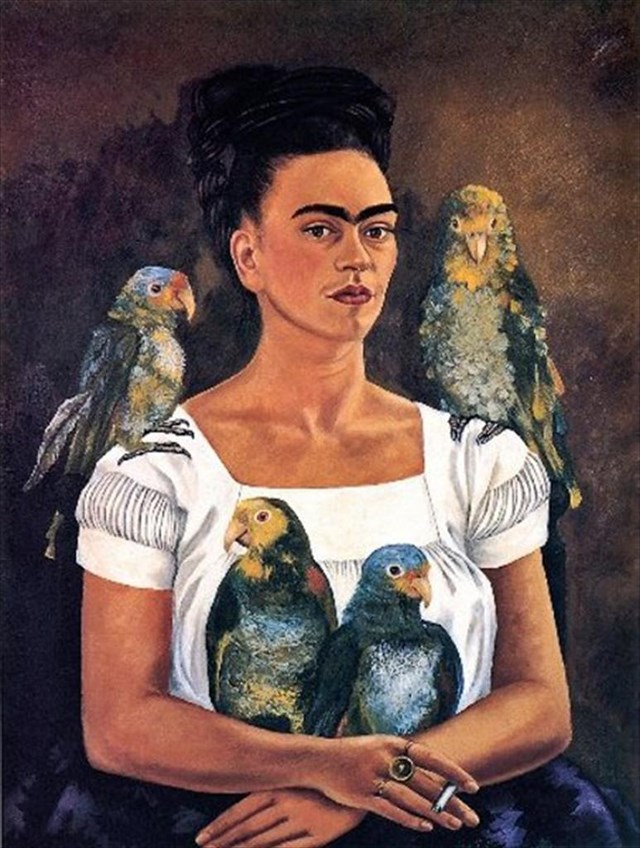 Kahlo with parrots painting