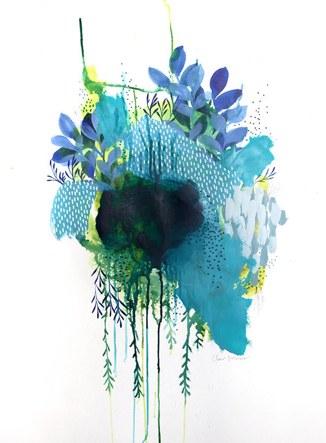 abstract, nature, floral, pretty, blue, white, work on paper, clair bremner, flowers, leaves, modern, decorative