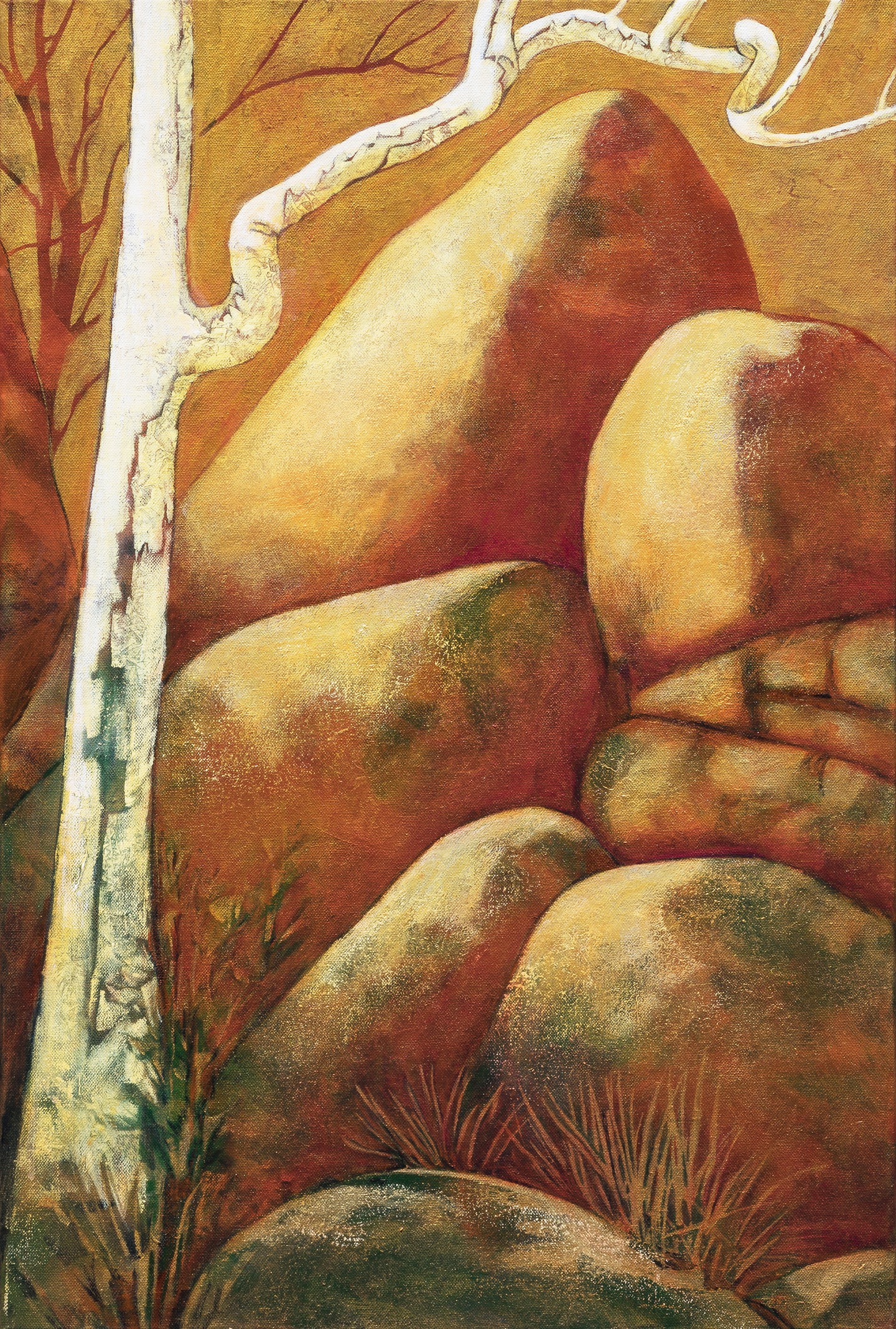 Orange boulders and a tree painted by Karyn Fendley
