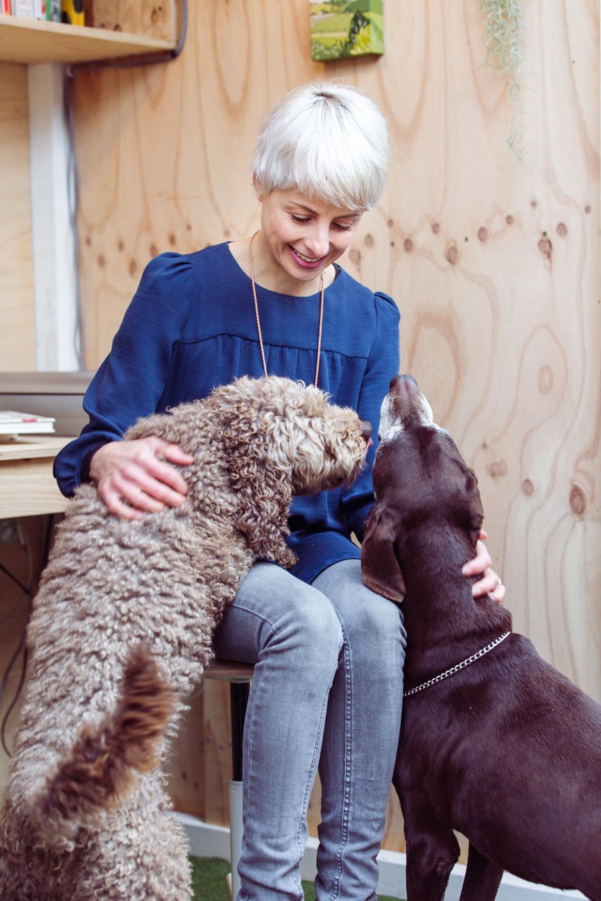 Artist patting 2 dogs, both brown, one with curly fur