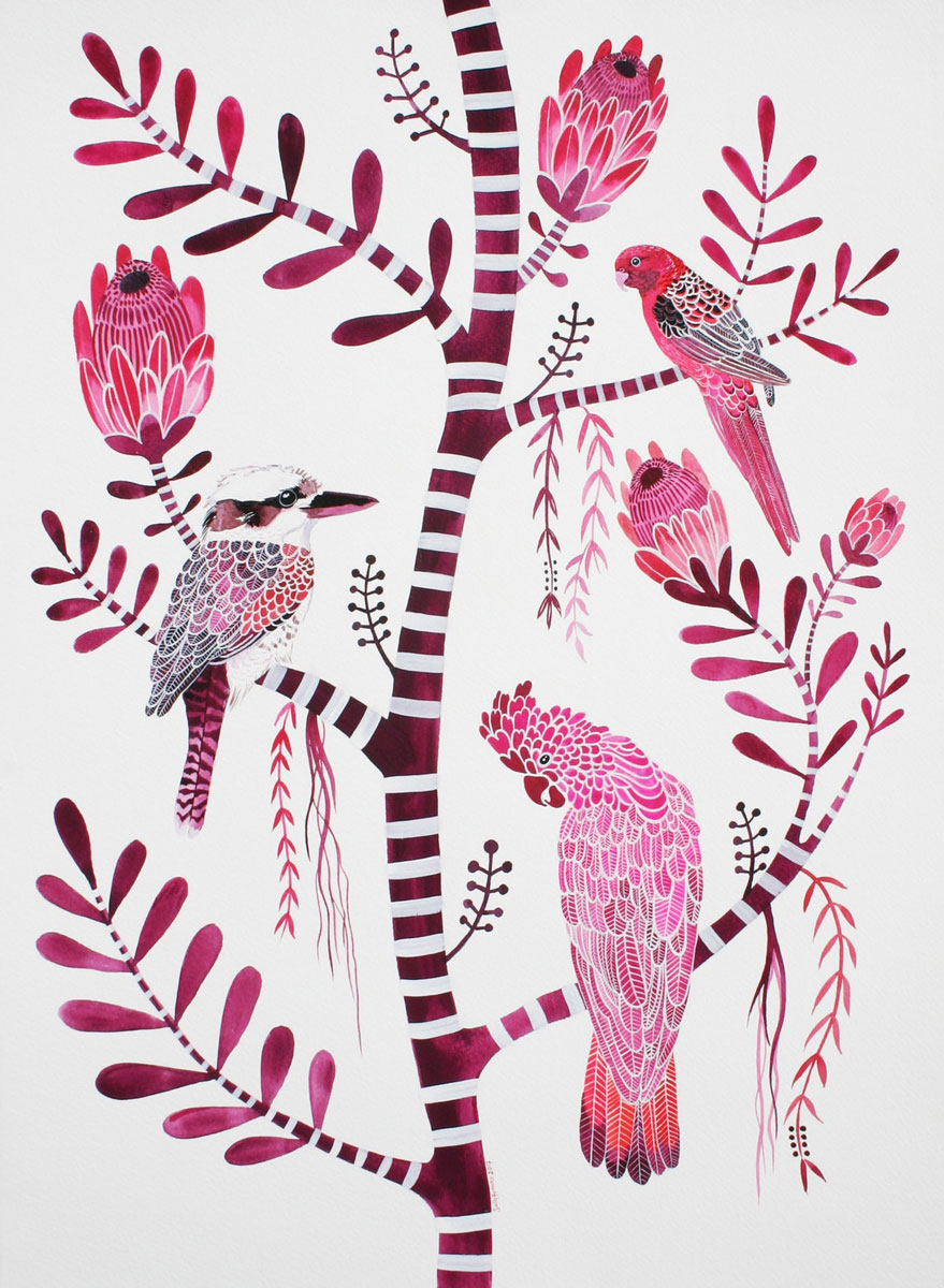 Magenta hued painting of birds in tree branches