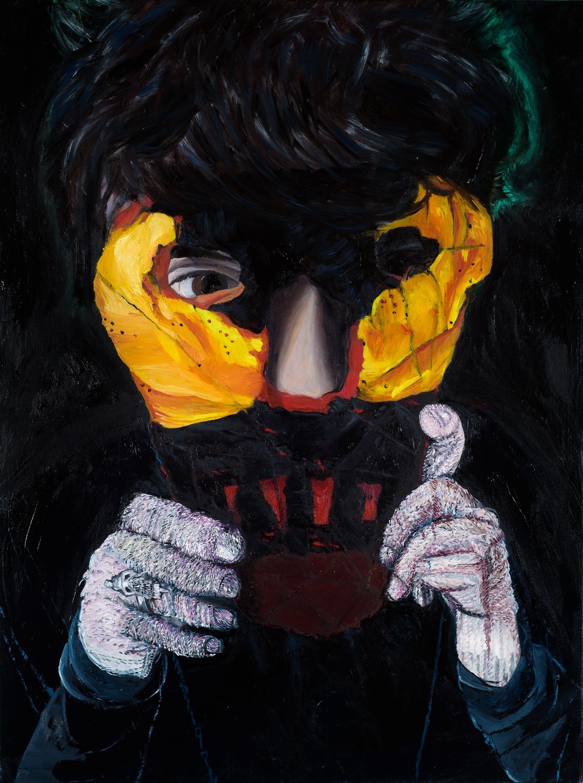 painting of child holding a mask