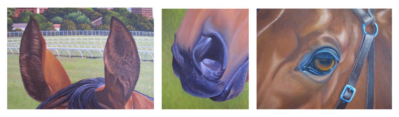 Detail close up of Race Day by Elene Parashko. Original horse art on Bluethumb.