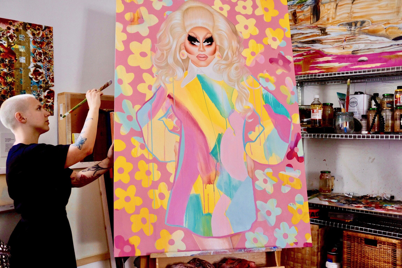 Kim Leutwyler painting Trixie Mattel for 2019 Portia Geach.