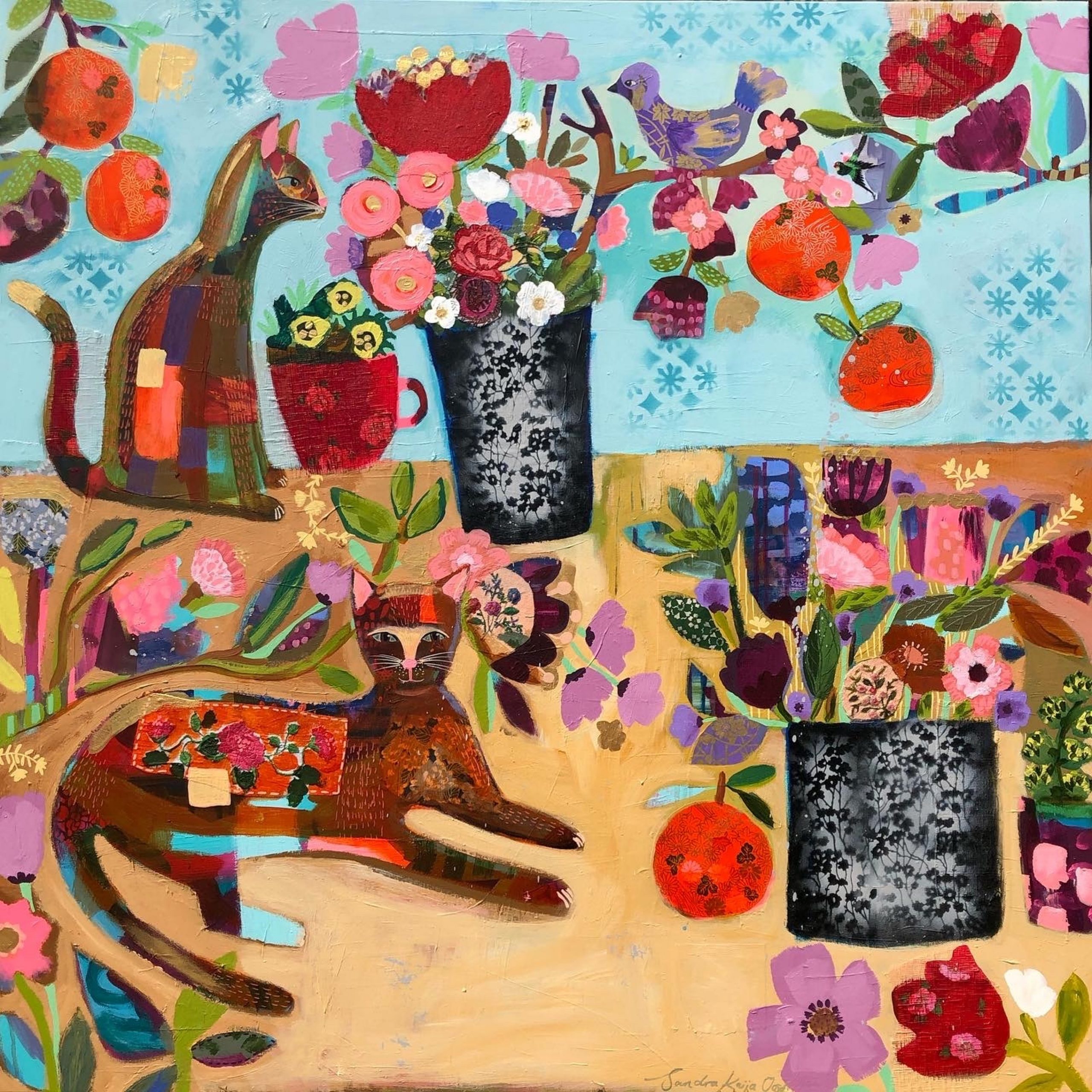 Cats & Oranges by Sandra Oost. Original Mixed Media painting in blue and orange.