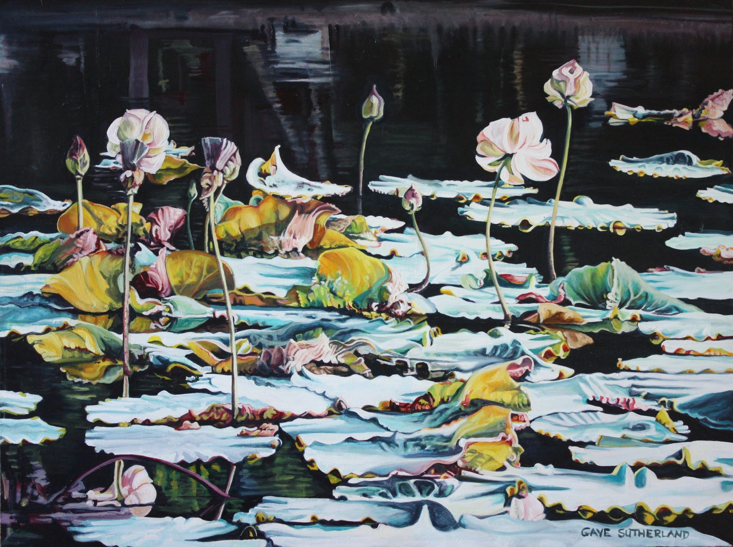 lotus pond landscape painting by Gaye Sutherland