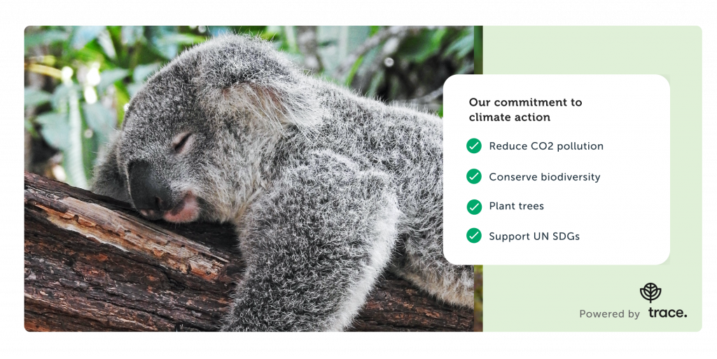 Image of a koala hugging a tree and our checklist behind our commitment to climate action: reduce CO2 pollution, conserve biodiversity, plant trees and support UN sustainable development goals.
