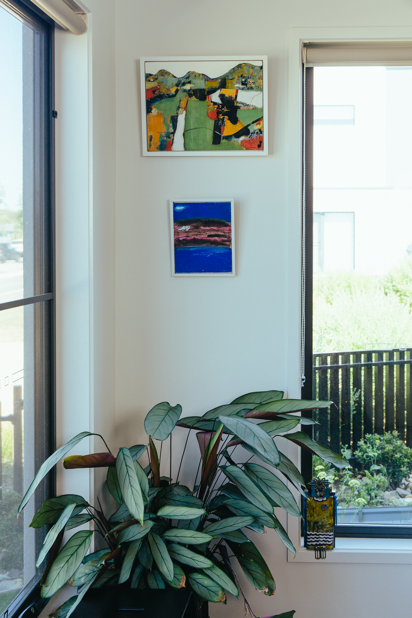 Two small artworks hung above a leafy plant