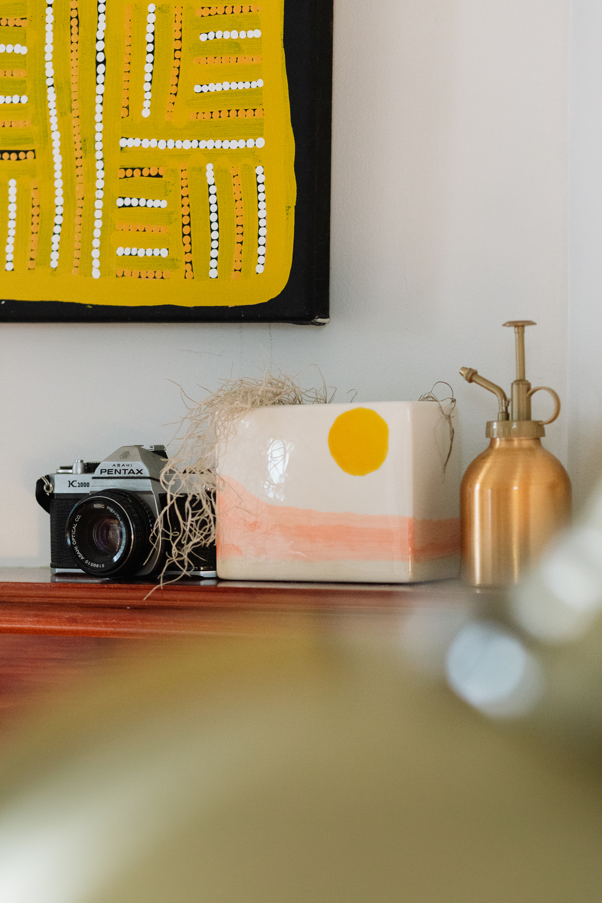 Yellow aboriginal artwork with small sunset planter and Spanish moss