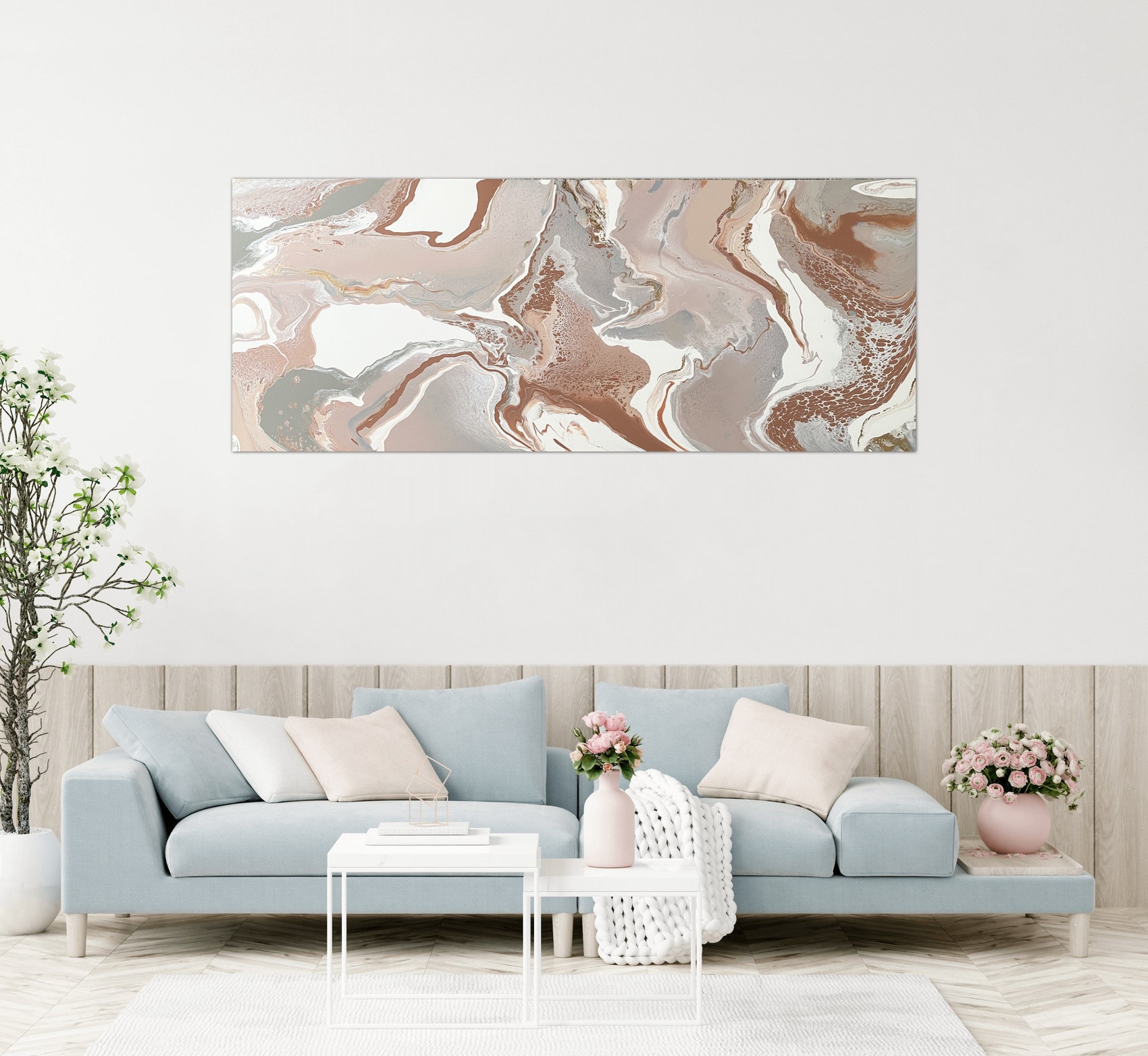 'Bold Winds' (acrylic) by Amber Fisher. A soft, neutral fluid acrylic painting with copper tones throughout. Art.