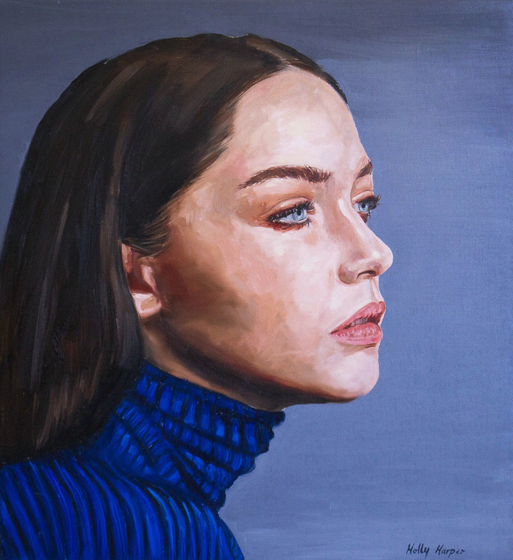 Lily of the Valley by Holly Harper. A pensive portrait of a woman with a blue turtleneck and blue background. Art.