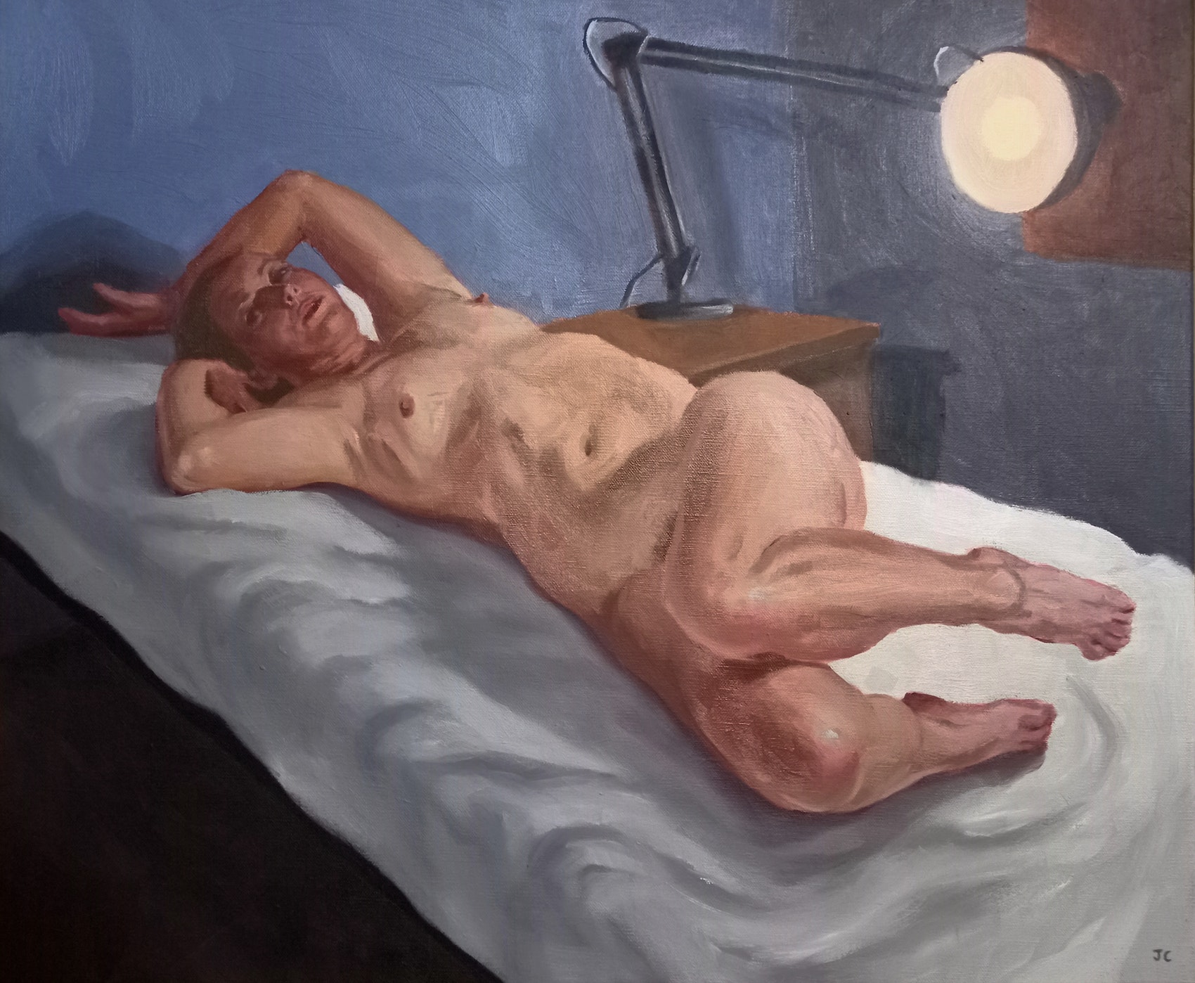 'Woman on a Bed' (oil) by Jemma Cakebread. A nude oil painting art work of a woman lying on a bed with white sheets and a lamp shining on her.
