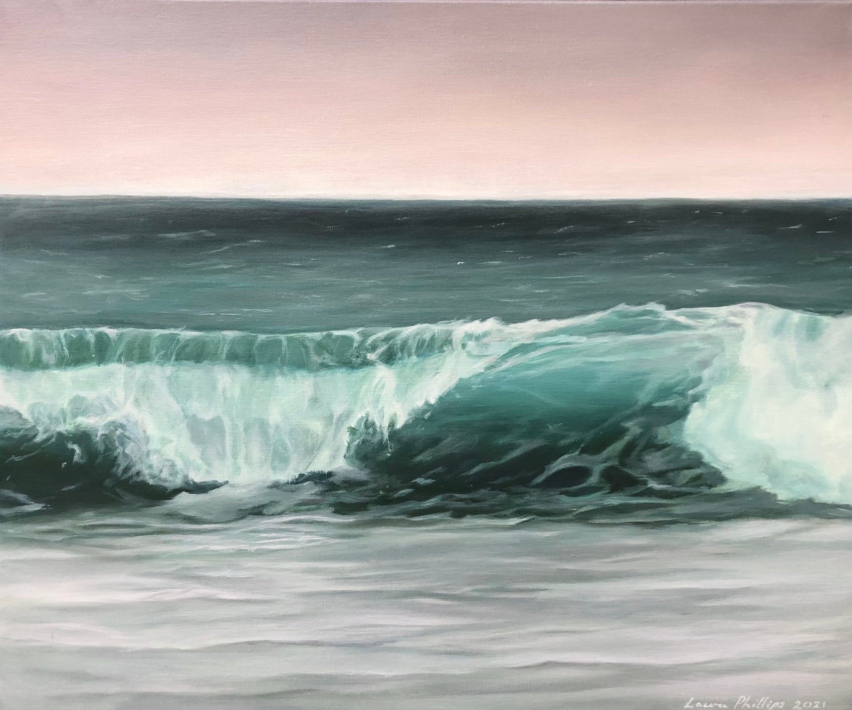 Tumble by Laura Phillips. A moody, stormy seascape of a wave under a dawn or dusk sky. Art.