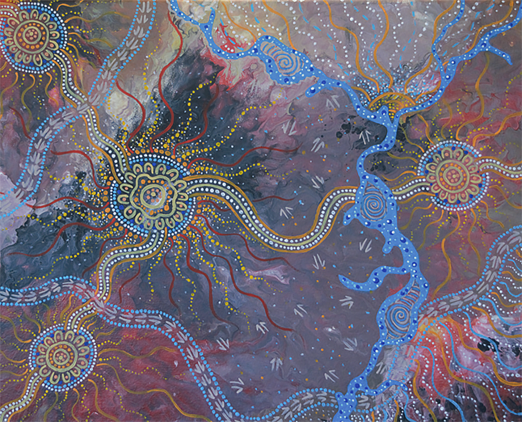 'Hunting Ground' by Natarsha Doyle. Traditional aboriginal dot painting techniques with a bright rainbow of colour. Art