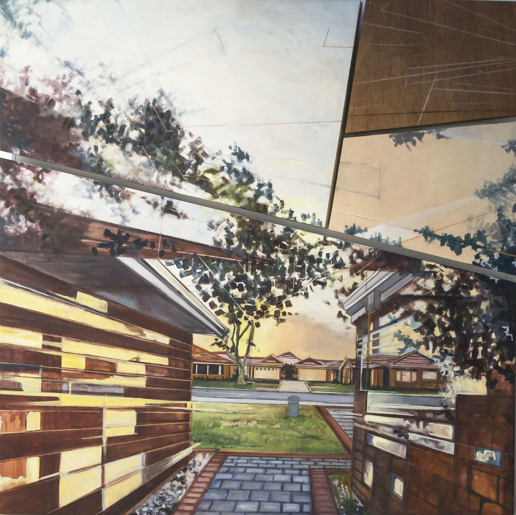 Parallel Perspective by Zainub Khan. A painting using linear perspective linework of a suburban house and street. Art. 