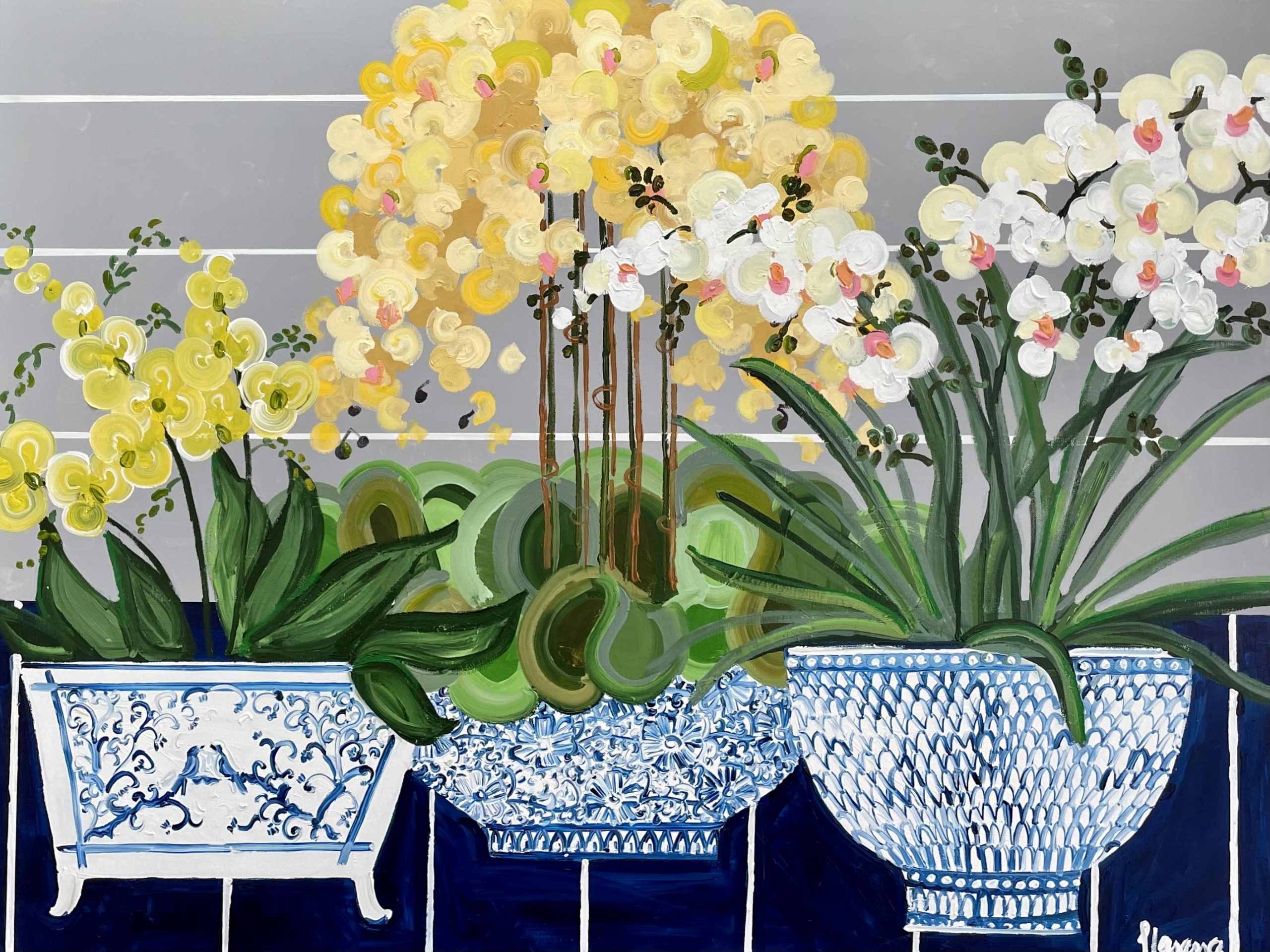 A painting of three yellow orchids.