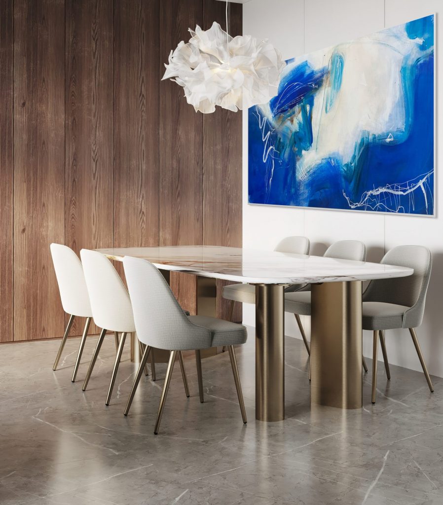 Blue Harbour by Cheryl Harrison is the artistic focal point of this dining room.