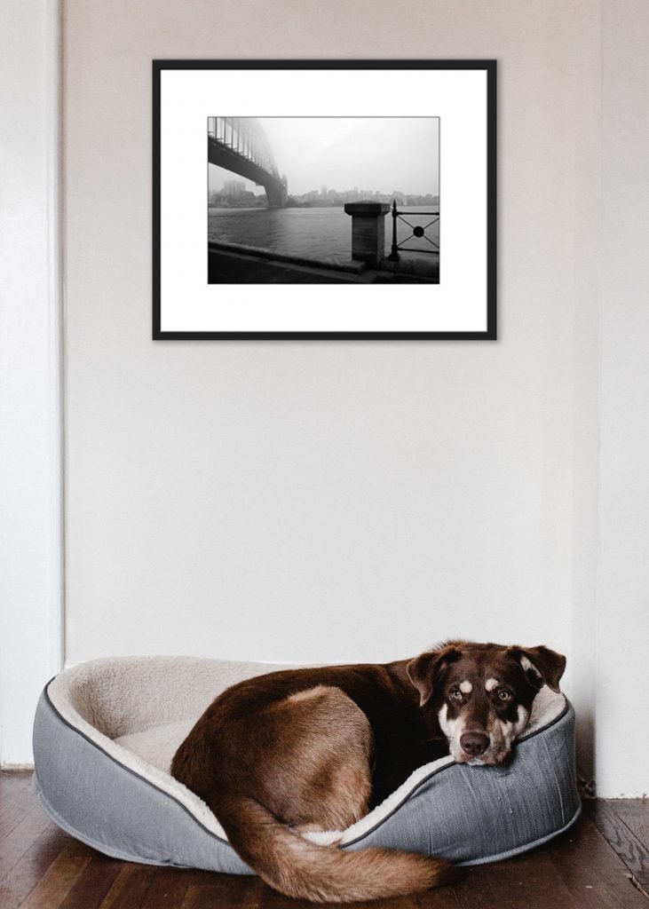 Classic Sydney by Geoff Birrell comes ready to hang in a black external frame.