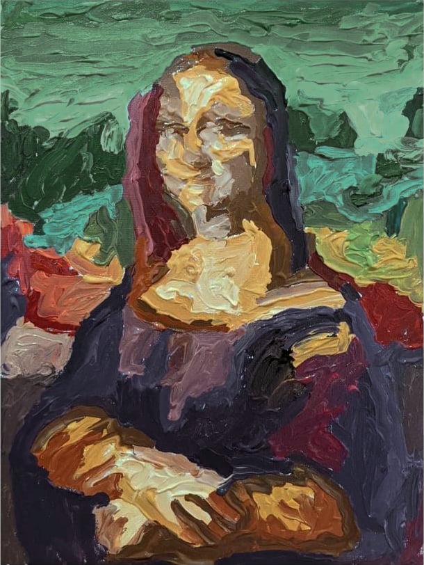 Lisa by Adam Mennella is a pastiche imitation of Da Vinci's Mona Lisa. 