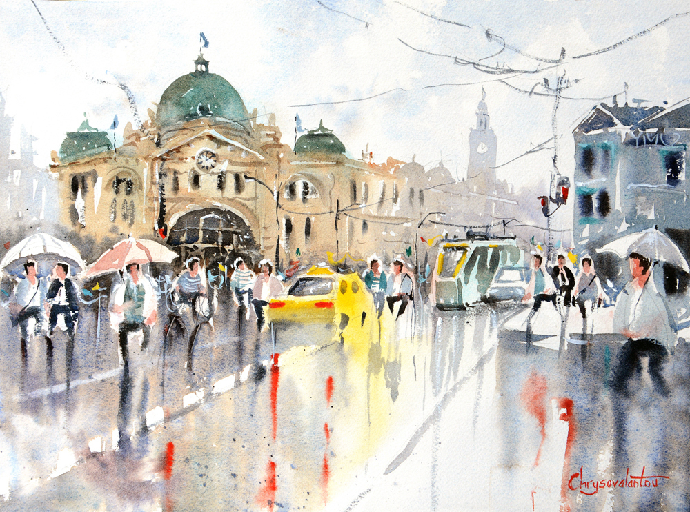Rainy Day Flinders Street, Melbourne, by Chrysovalantou Mavroudis, depicts an iconic Melbourne landmark.
