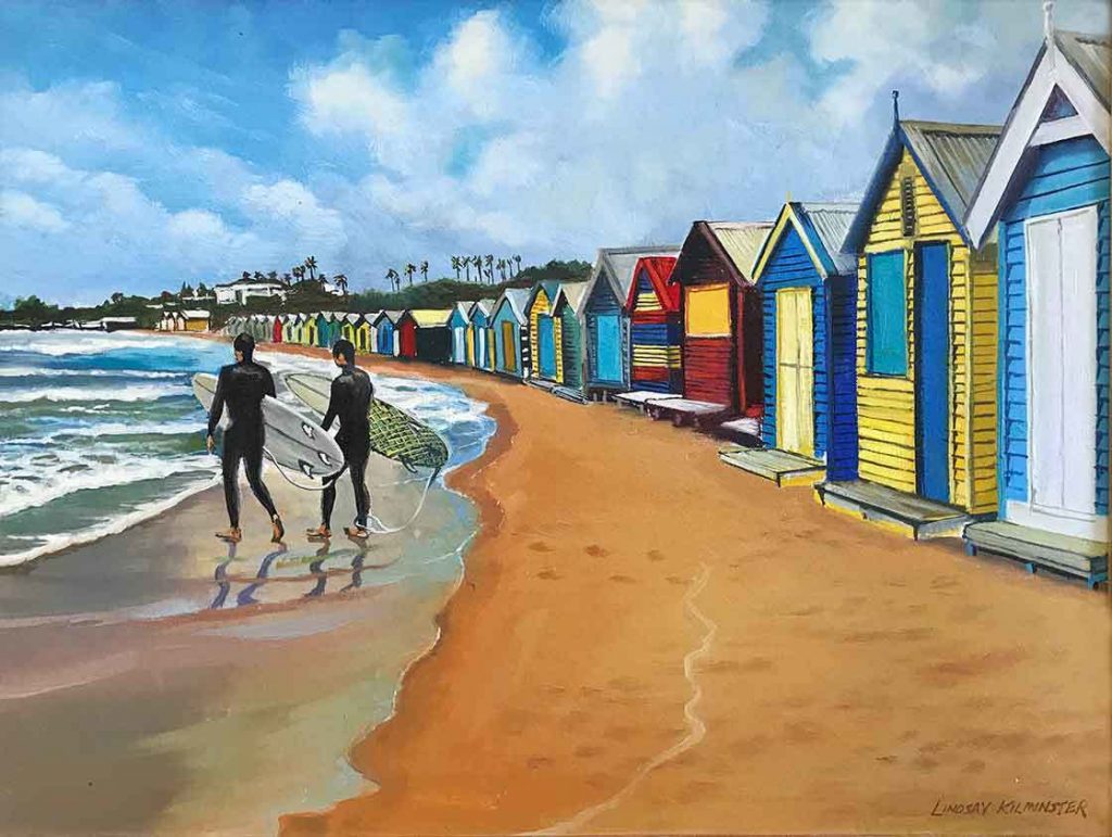 Beach Huts To Surf by Lindsay Kilminster depicts the iconic Brighton beach huts. 