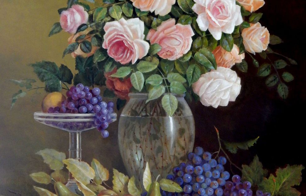 "Big floral, Grapes and roses in Art Deco vase" by Jos Kivits, Original paintings by technical masters for sale on Bluethumb