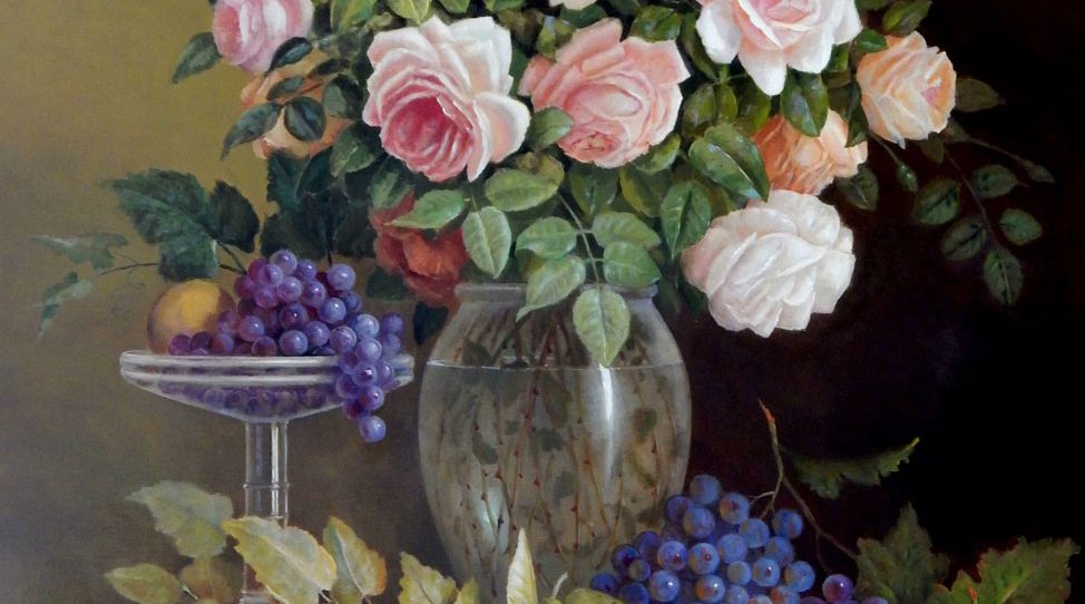 "Big floral, Grapes and roses in Art Deco vase" by Jos Kivits, Original paintings by technical masters for sale on Bluethumb