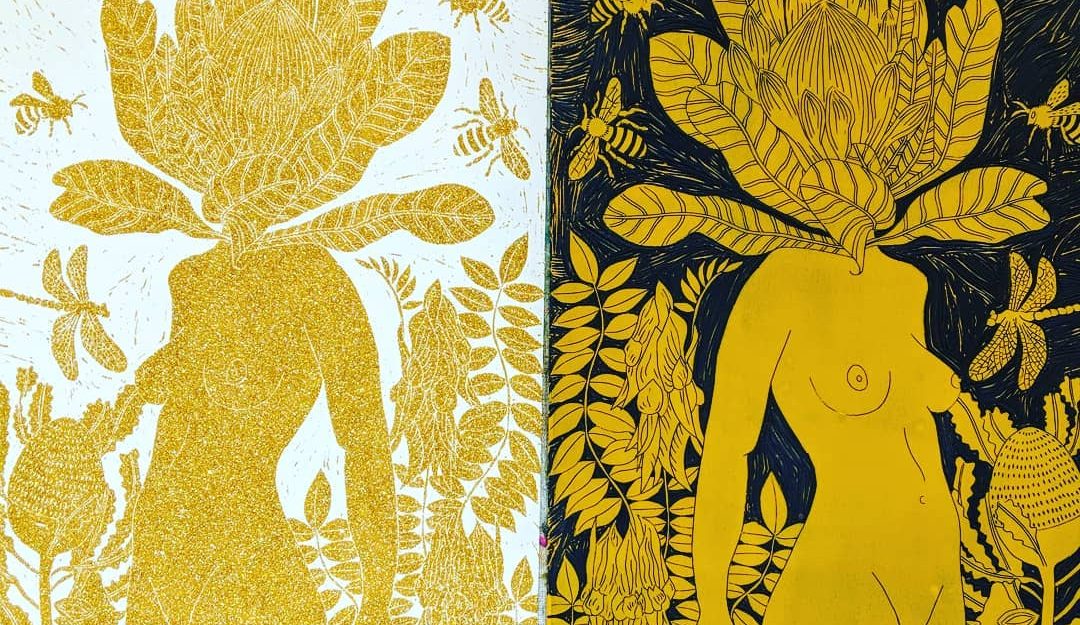 Linocut print by Australian artist Marinka Parnham.